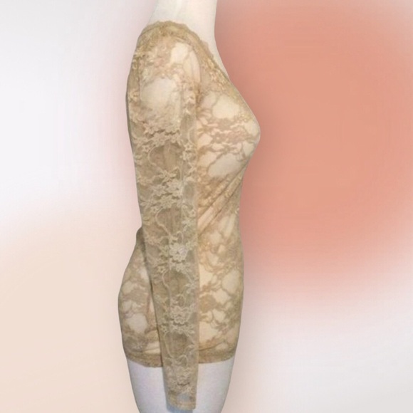 BOZZOLO Long Sleeve Scoop Neck Taupe Sheer Lace Fitted Top Tee Small - Picture 5 of 9